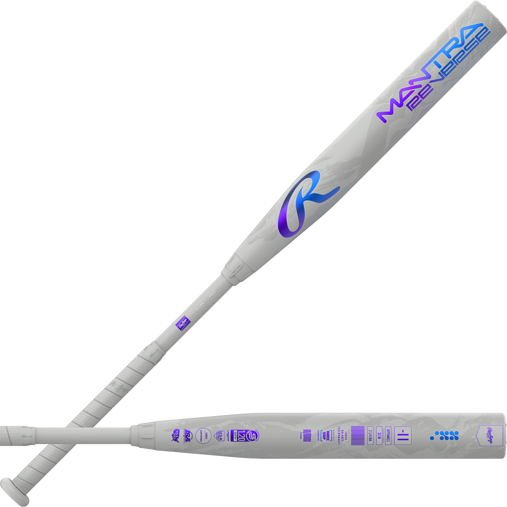 Two views of the 2025 Rawlings Mantra Reverse (-11) fastpitch softball bat (RFP5MR11) in white, featuring blue and purple branding, a textured grip, and technical details near the barrel.