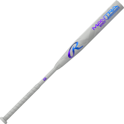 The 2025 Rawlings Mantra Reverse (-9) Fastpitch Softball Bat (RFP5MR9) features a white and gray design with blue and purple accents, a patterned grip, sleek modern look, and innovative Reverse Three-Step Technology.