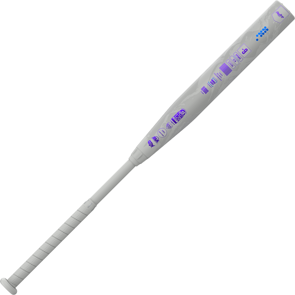 The 2025 Rawlings Mantra Reverse (-9) Fastpitch Softball Bat (RFP5MR9) features a wrapped handle and purple graphics on its white barrel, showcasing Rawlings’ Reverse Three-Step Technology against a plain white background.