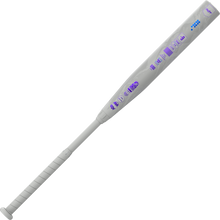 The 2025 Rawlings Mantra Reverse (-9) Fastpitch Softball Bat (RFP5MR9) features a wrapped handle and purple graphics on its white barrel, showcasing Rawlings’ Reverse Three-Step Technology against a plain white background.