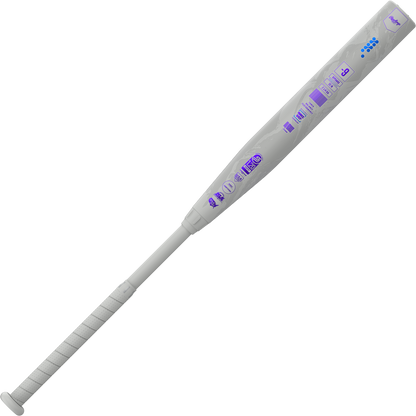The 2025 Rawlings Mantra Reverse (-9) Fastpitch Softball Bat (RFP5MR9) features a wrapped handle and purple graphics on its white barrel, showcasing Rawlings’ Reverse Three-Step Technology against a plain white background.
