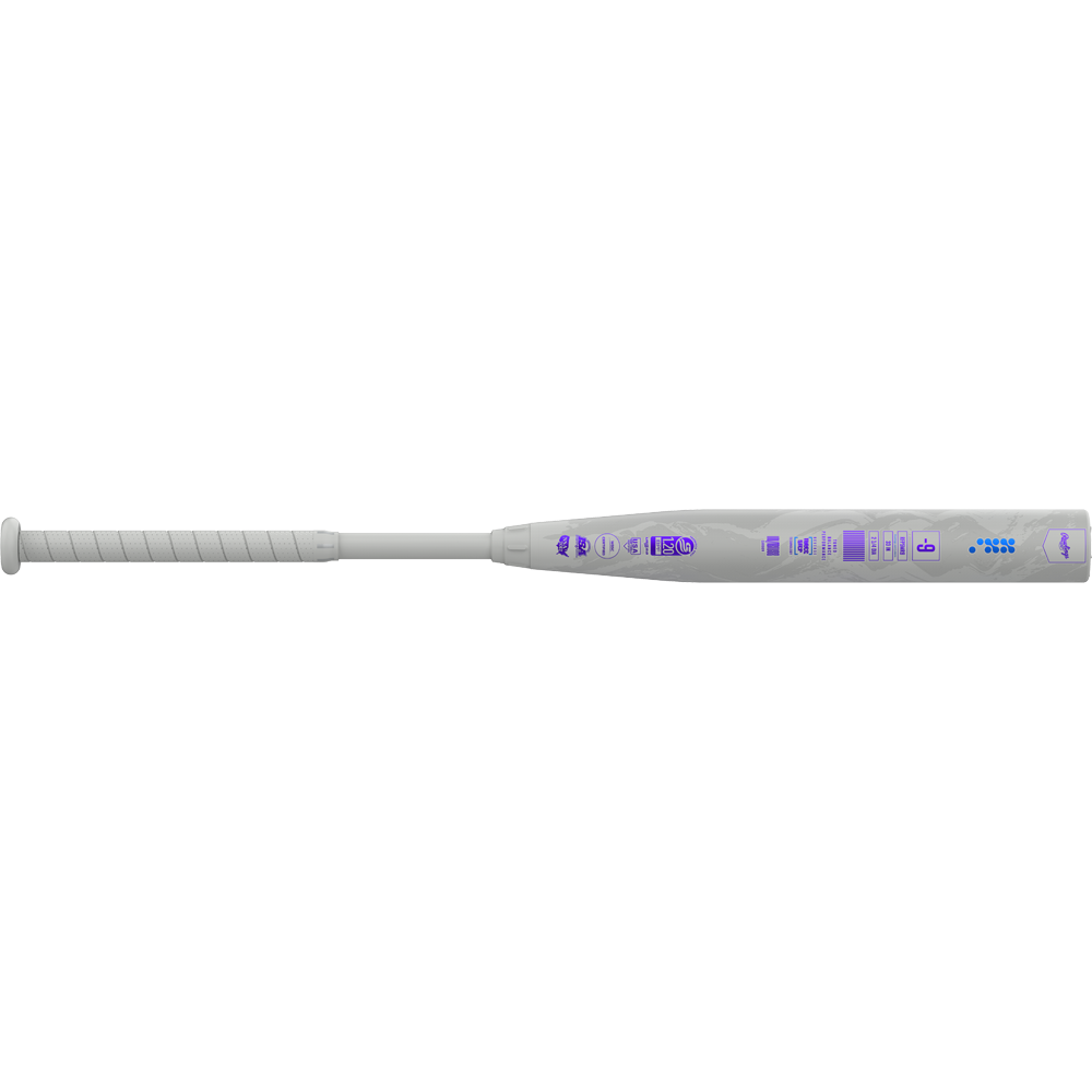 The 2025 Rawlings Mantra Reverse (-9) Fastpitch Softball Bat (RFP5MR9) features a white barrel with blue and purple illuminated icons, a wrapped handle, and showcases futuristic style inspired by Reverse Three-Step Technology.