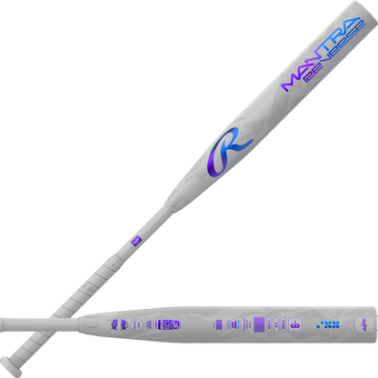 The 2025 Rawlings Mantra Reverse (-9) Fastpitch Softball Bat (RFP5MR9) features a silver and white design with purple and blue MANTRA 2.0 branding, Three-Step Technology, a wrapped handle, and detailed logos along the barrel.