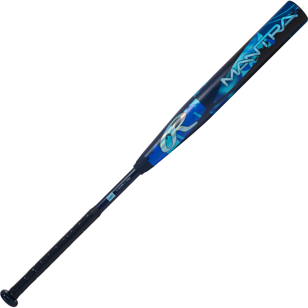 A blue and black 2026 Rawlings Mantra (-10) Fastpitch Softball Bat: RFP6M10 (DEMO) with "MANTRA" boldly on the barrel and a black grip handle.