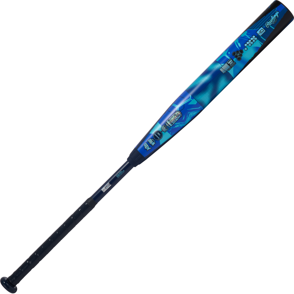 A 2026 Rawlings Mantra (-10) Fastpitch Softball Bat (RFP6M10 DEMO) in blue and black.
