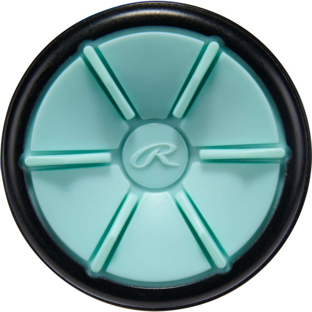 Close-up of a light blue disc with six raised spokes and a black edge, featuring a stylized “R” in the center—an accent on the 2026 Rawlings Mantra (-10) Fastpitch Softball Bat: RFP6M10 and its advanced In/Tense Carbon Composite design.