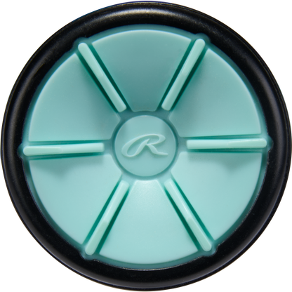 Close-up of a light blue disc with six raised spokes and a black edge, featuring a stylized “R” in the center—an accent on the 2026 Rawlings Mantra (-10) Fastpitch Softball Bat: RFP6M10 and its advanced In/Tense Carbon Composite design.