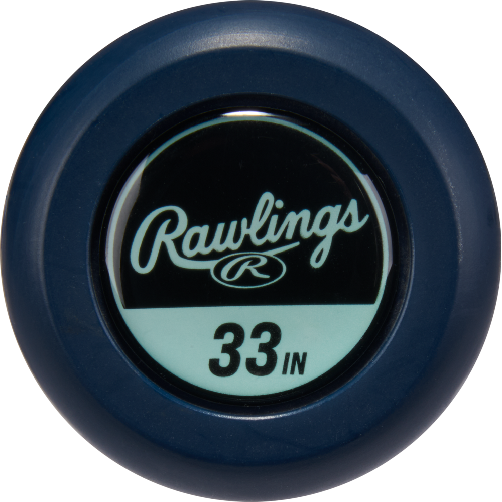 A blue, circular Rawlings bat knob sticker with the Rawlings logo and "33 IN" helps identify your 2026 Rawlings Mantra (-10) Fastpitch Softball Bat: RFP6M10 with In/Tense Carbon Composite technology.