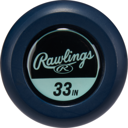 A blue, circular Rawlings bat knob sticker with the Rawlings logo and "33 IN" helps identify your 2026 Rawlings Mantra (-10) Fastpitch Softball Bat: RFP6M10 with In/Tense Carbon Composite technology.
