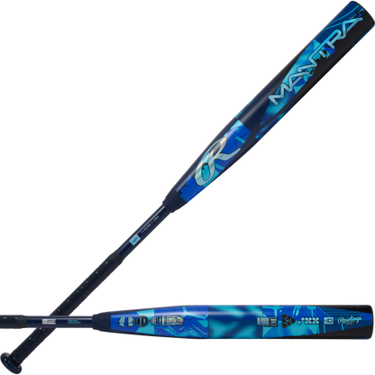 Two 2026 Rawlings Mantra (-10) Fastpitch Softball Bats by Rawlings are displayed, one angled upward and one lying flat, showcasing their blue and black graphics and In/Tense Carbon Composite barrel and handle.