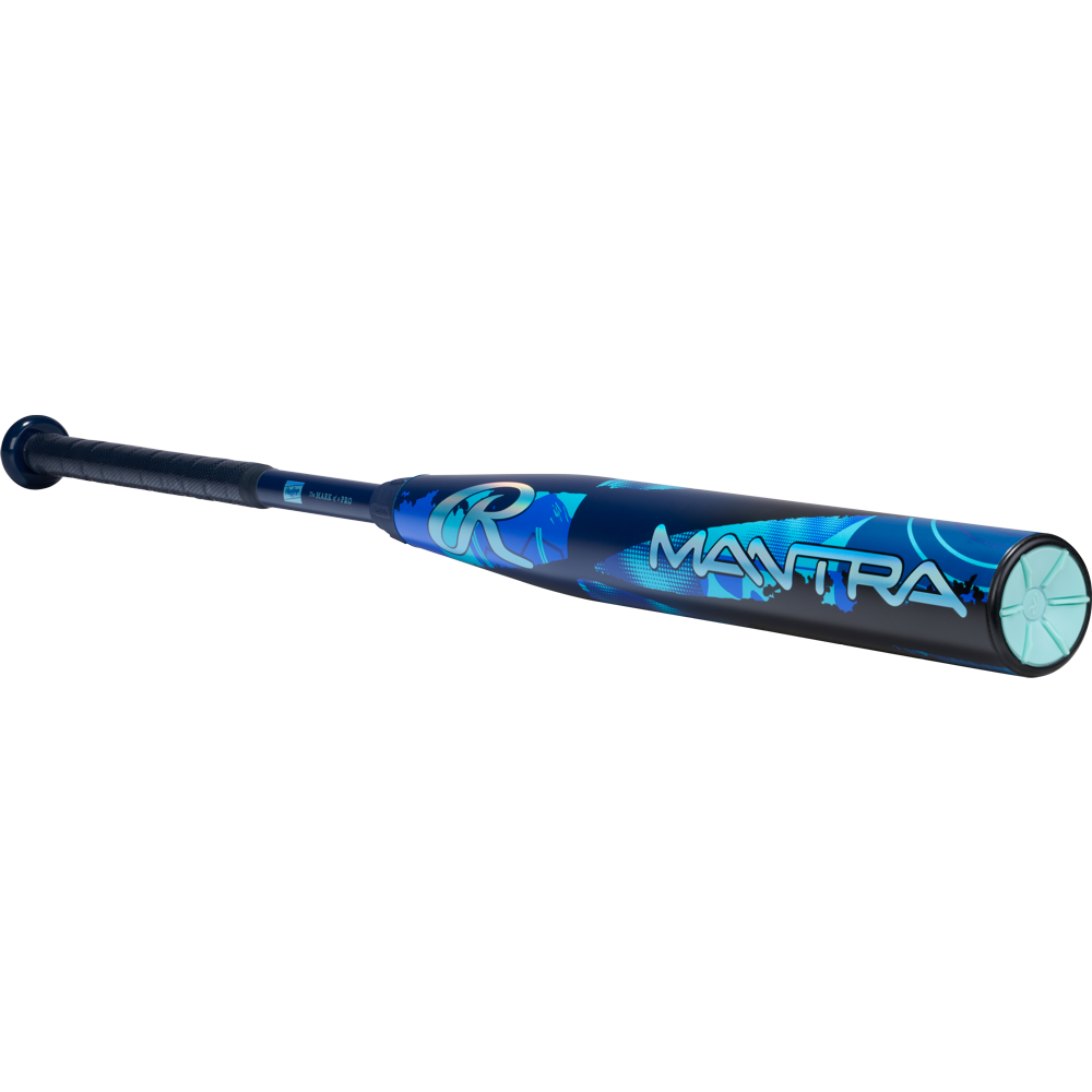 A blue and black Rawlings 2026 Mantra (-10) Fastpitch Softball Bat (RFP6M10 DEMO) with a patterned design is shown angled, featuring the handle on the left and the MANTRA logo on the barrel to the right.