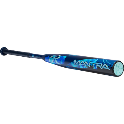 A blue and black Rawlings 2026 Mantra (-10) Fastpitch Softball Bat (RFP6M10 DEMO) with a patterned design is shown angled, featuring the handle on the left and the MANTRA logo on the barrel to the right.
