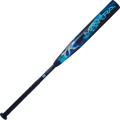 The 2026 Rawlings Mantra (-11) Fastpitch Softball Bat: RFP6M11 (DEMO) features a blue and black design with a black grip, blue accents, and bold Rawlings branding—perfect for players seeking the latest fastpitch innovation.