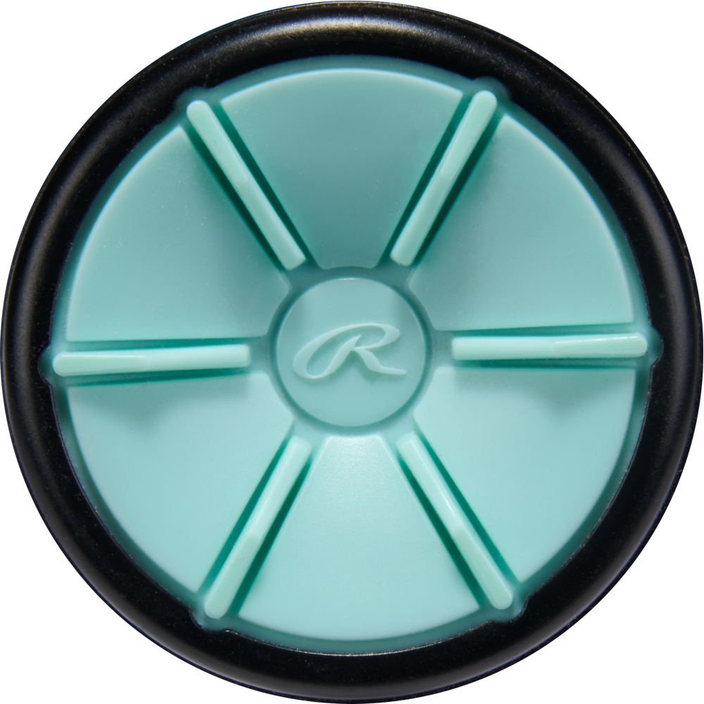 A round, teal object with six raised, evenly spaced spokes and a black rim features an embossed "R" in the center, echoing the 2026 Rawlings Mantra (-11) Fastpitch Softball Bat: RFP6M11's signature style.
