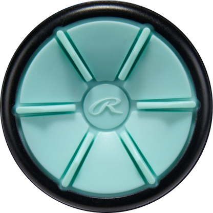 A round, teal object with six raised, evenly spaced spokes and a black rim features an embossed "R" in the center, echoing the 2026 Rawlings Mantra (-11) Fastpitch Softball Bat: RFP6M11's signature style.
