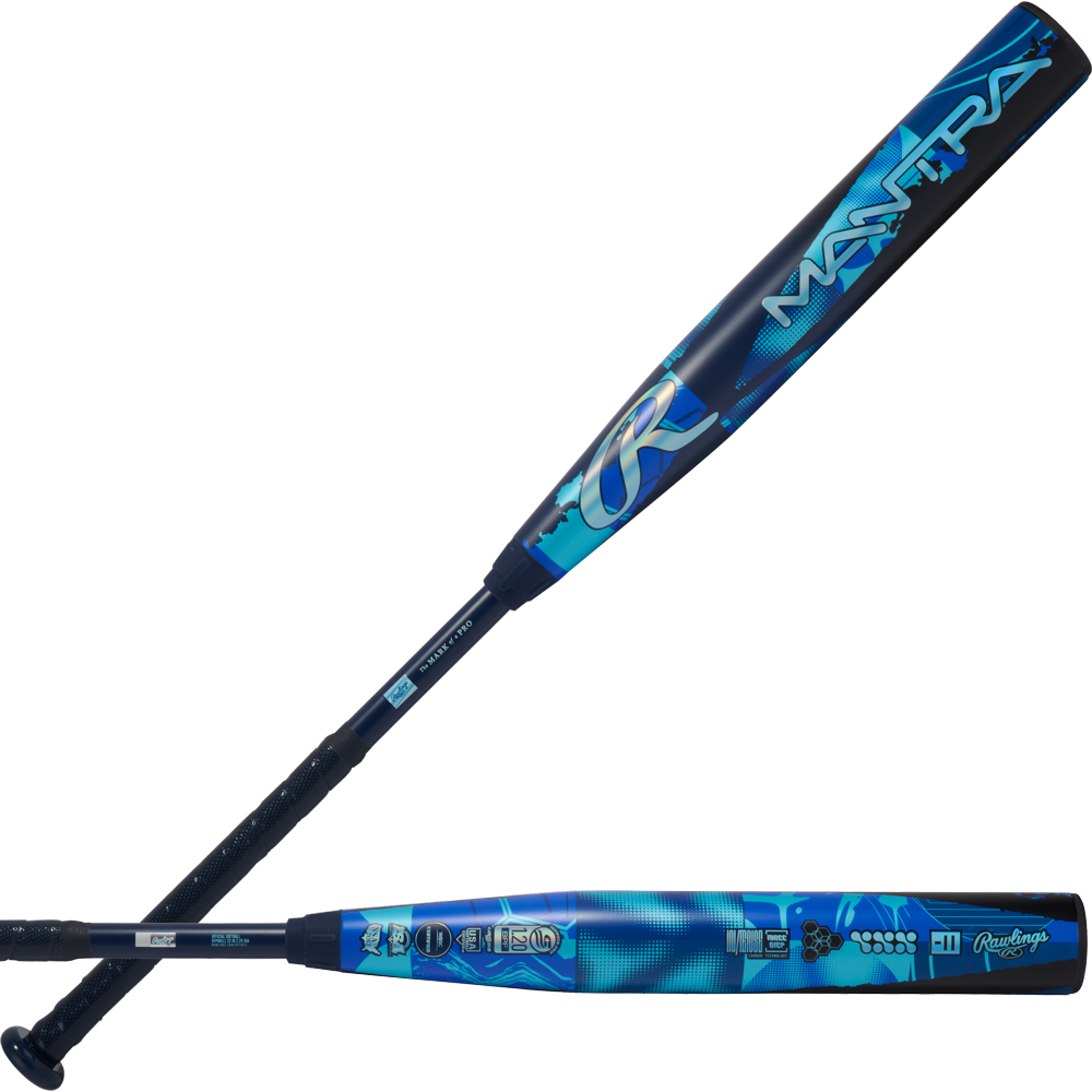 Two blue and black 2026 Rawlings Mantra (-11) Fastpitch Softball Bats (RFP6M11 DEMO) with geometric patterns and white logos, shown from side and barrel views—the ideal bat for serious players.