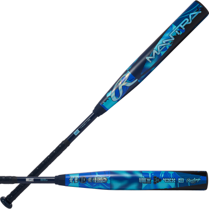 Two blue and black 2026 Rawlings Mantra (-11) Fastpitch Softball Bats (RFP6M11 DEMO) with geometric patterns and white logos, shown from side and barrel views—the ideal bat for serious players.