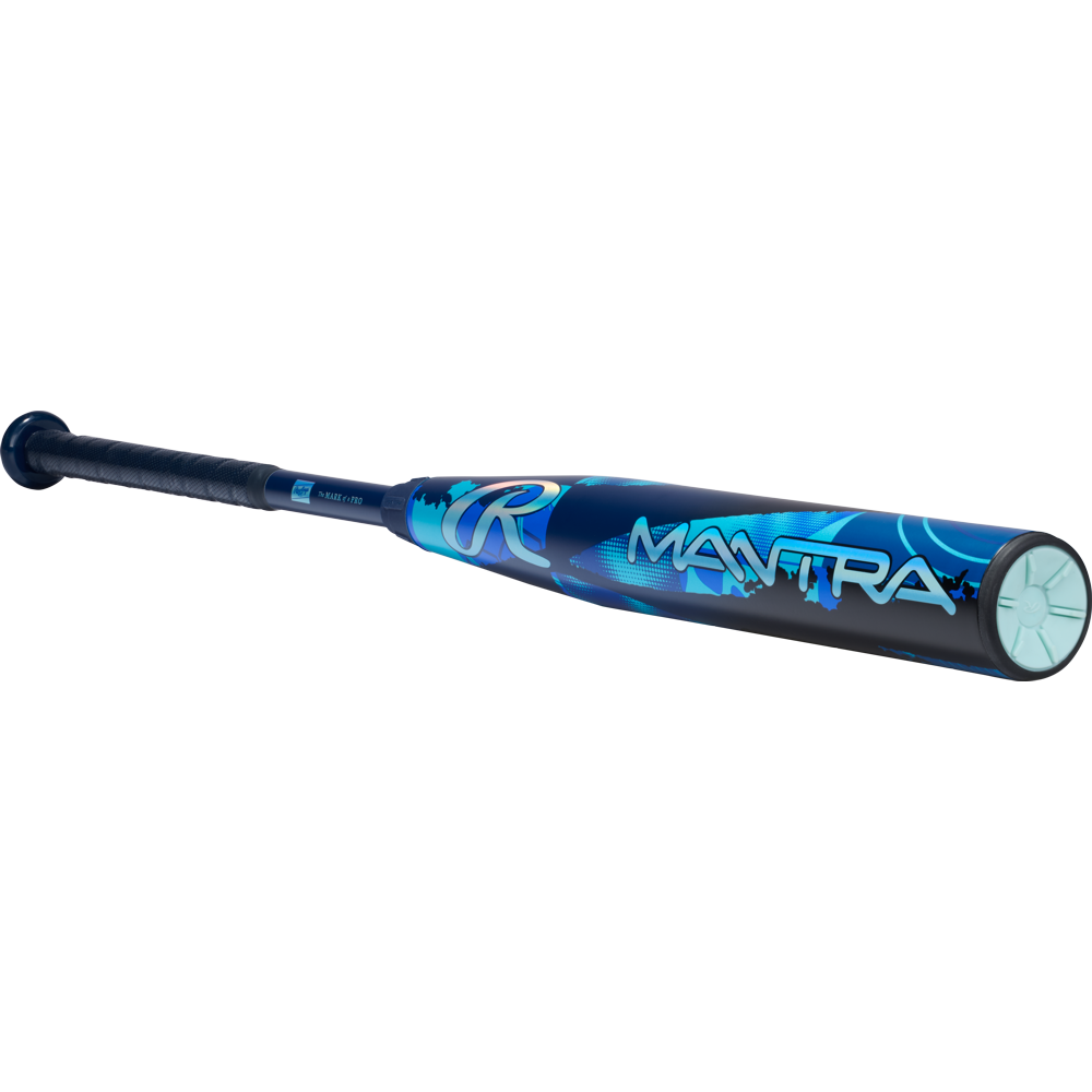 The 2026 Rawlings Mantra (-11) Fastpitch Softball Bat (RFP6M11 DEMO) features blue and black colors, white and teal MANTRA/R logos, a textured grip handle, and metallic end cap, displayed on a light gray background.
