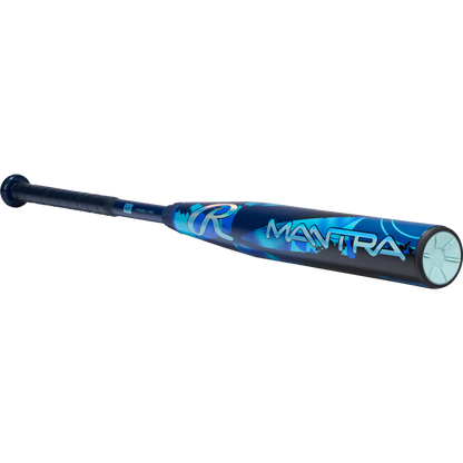 The 2026 Rawlings Mantra (-11) Fastpitch Softball Bat (RFP6M11 DEMO) features blue and black colors, white and teal MANTRA/R logos, a textured grip handle, and metallic end cap, displayed on a light gray background.