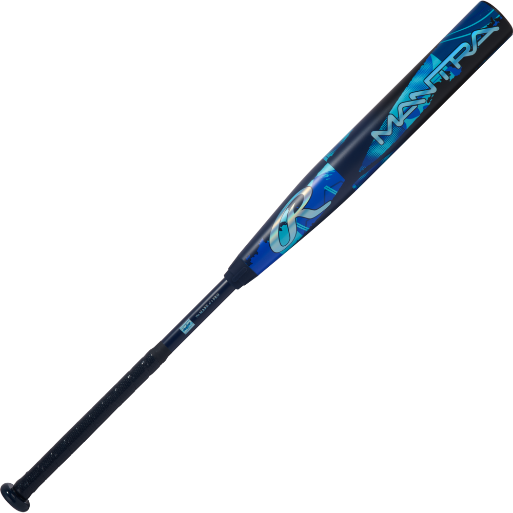 Perfect your swing with the 2026 Rawlings Mantra (-9) Fastpitch Softball Bat: RFP6M9, featuring IN/Tense Carbon Composite, a black grip, blue and black design, and bold MANTRA lettering on the barrel.