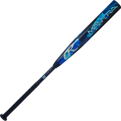 Perfect your swing with the 2026 Rawlings Mantra (-9) Fastpitch Softball Bat: RFP6M9, featuring IN/Tense Carbon Composite, a black grip, blue and black design, and bold MANTRA lettering on the barrel.