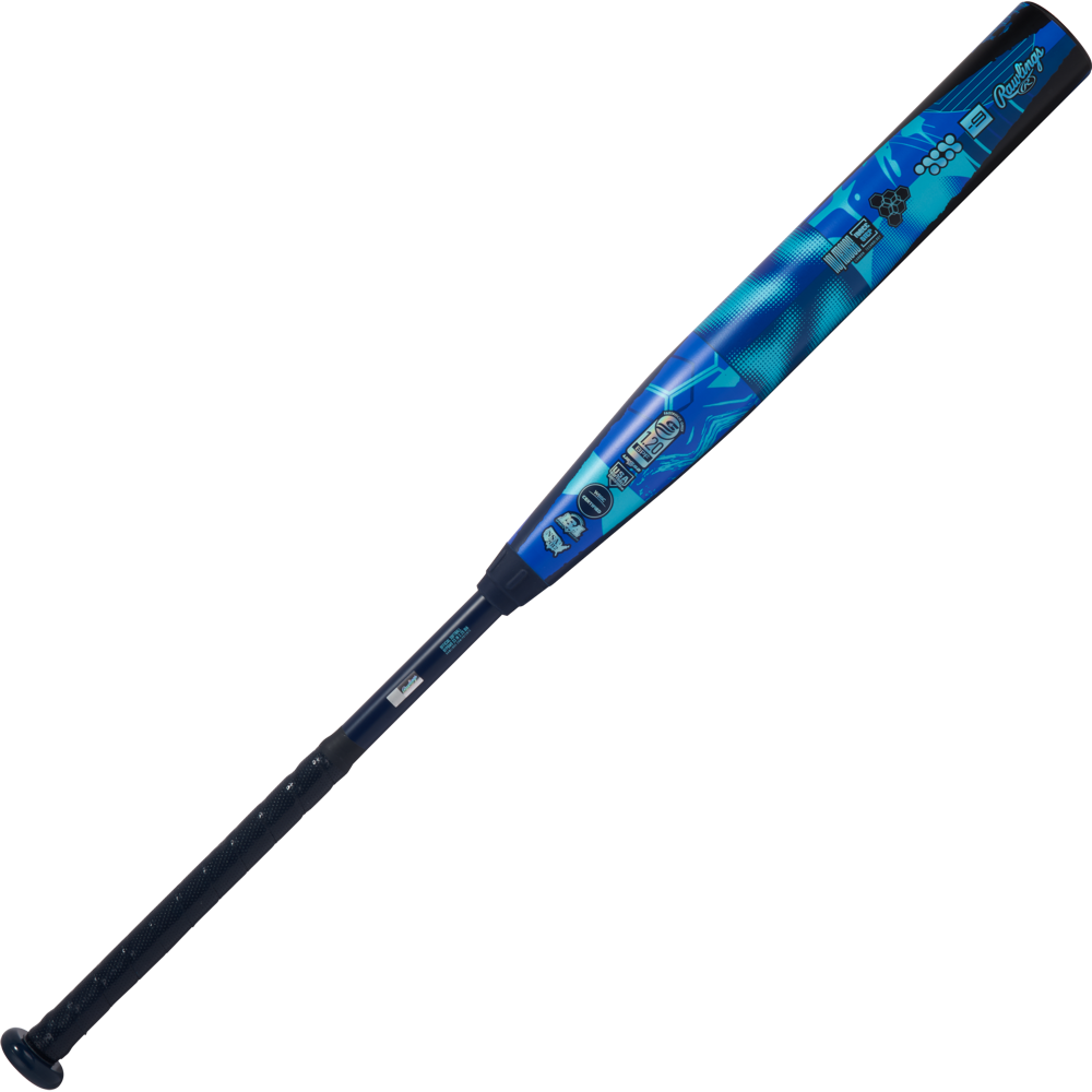 The 2026 Rawlings Mantra (-9) Fastpitch Softball Bat (RFP6M9) features blue and black graphics, logo accents, a textured grip handle, and In/Tense Carbon Composite construction, shown on a white background.