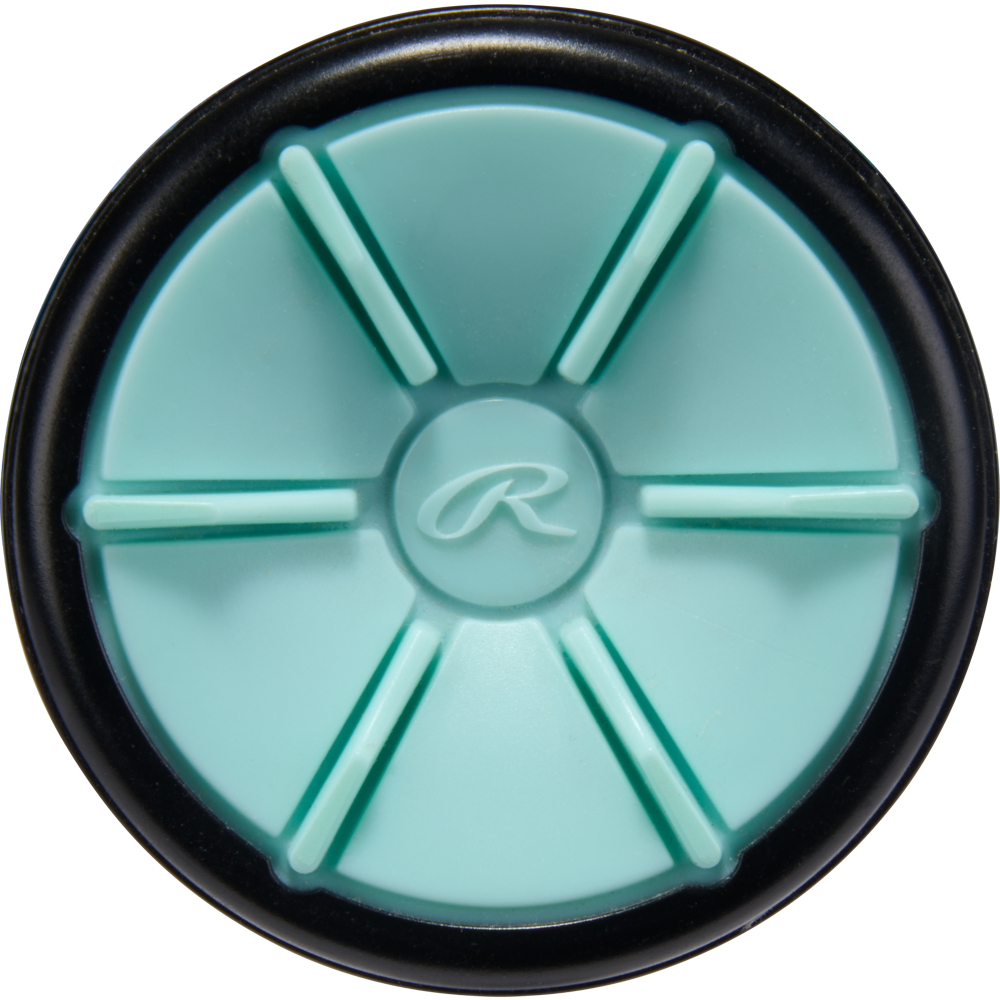 A round, teal object with six spokes and a central R logo within a black rim, echoing the sleek style of the 2026 Rawlings Mantra (-9) Fastpitch Softball Bat: RFP6M9 by Rawlings.