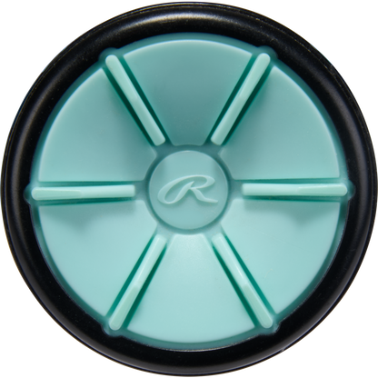 A round, teal object with six spokes and a central R logo within a black rim, echoing the sleek style of the 2026 Rawlings Mantra (-9) Fastpitch Softball Bat: RFP6M9 by Rawlings.