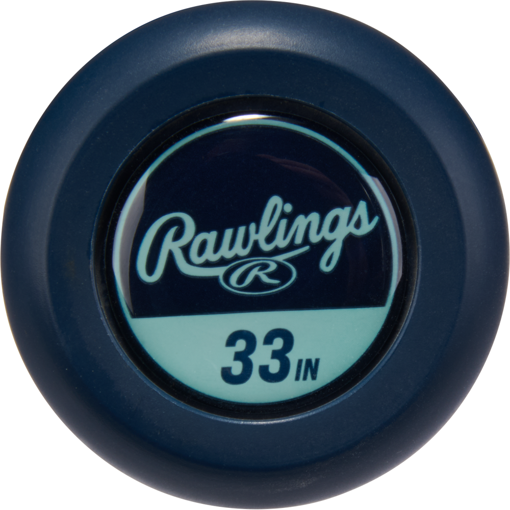 A close-up of the blue knob on the 2026 Rawlings Mantra (-9) Fastpitch Softball Bat (RFP6M9) shows the Rawlings logo, In/Tense Carbon Composite construction, and "33 IN" marking its 33-inch length.