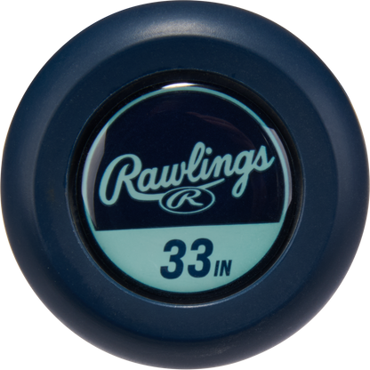 A close-up of the blue knob on the 2026 Rawlings Mantra (-9) Fastpitch Softball Bat (RFP6M9) shows the Rawlings logo, In/Tense Carbon Composite construction, and "33 IN" marking its 33-inch length.