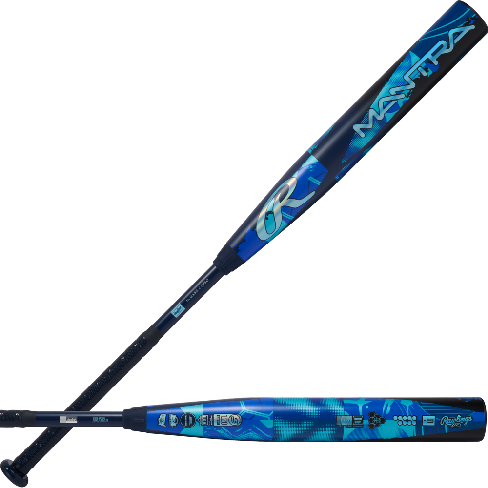Two views of the Rawlings 2026 Mantra (-9) Fastpitch Softball Bat (RFP6M9), showcasing bold blue and black graphics and an In/Tense Carbon Composite barrel and handle.