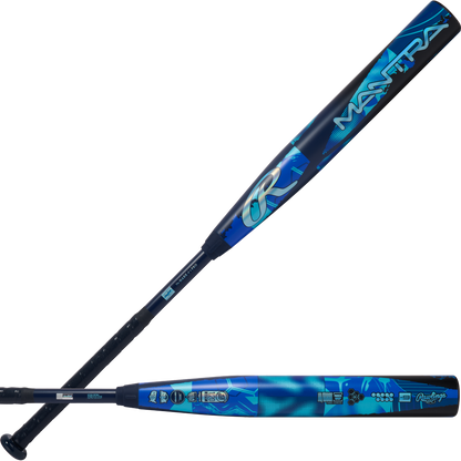 Two views of the Rawlings 2026 Mantra (-9) Fastpitch Softball Bat (RFP6M9), showcasing bold blue and black graphics and an In/Tense Carbon Composite barrel and handle.