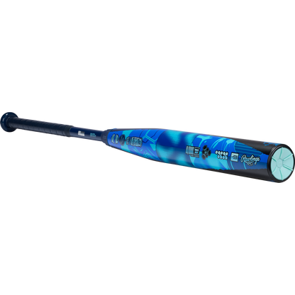 A 2026 Rawlings Mantra (-9) Fastpitch Softball Bat (RFP6M9) by Rawlings, blue and black with a textured grip and abstract light blue barrel patterns, made from advanced In/Tense Carbon Composite, is displayed on a plain white background.