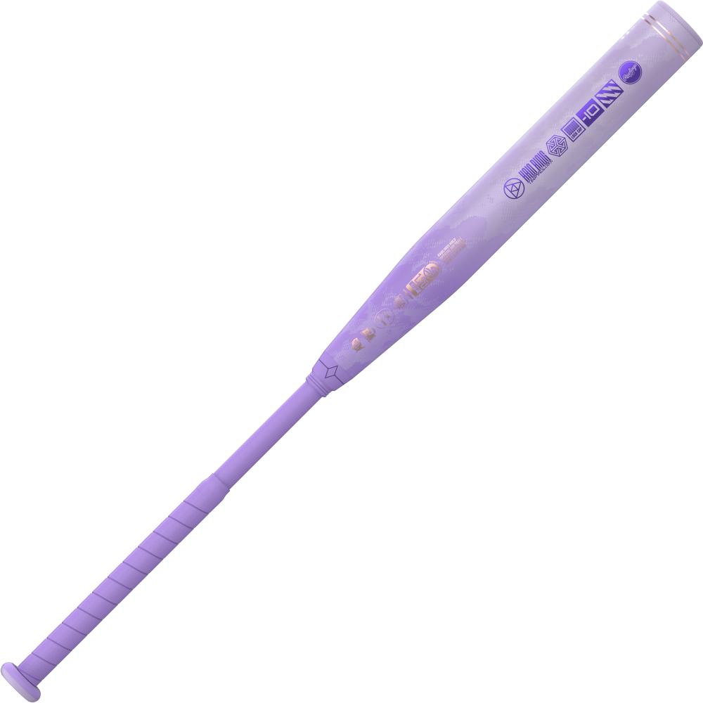 A 2027 Rawlings Halo (-10) Fastpitch Softball Bat (RFP7HALO10) in lavender, featuring a two-piece gapped wall barrel, textured grip, and multiple barrel logos, shown against a plain white background.