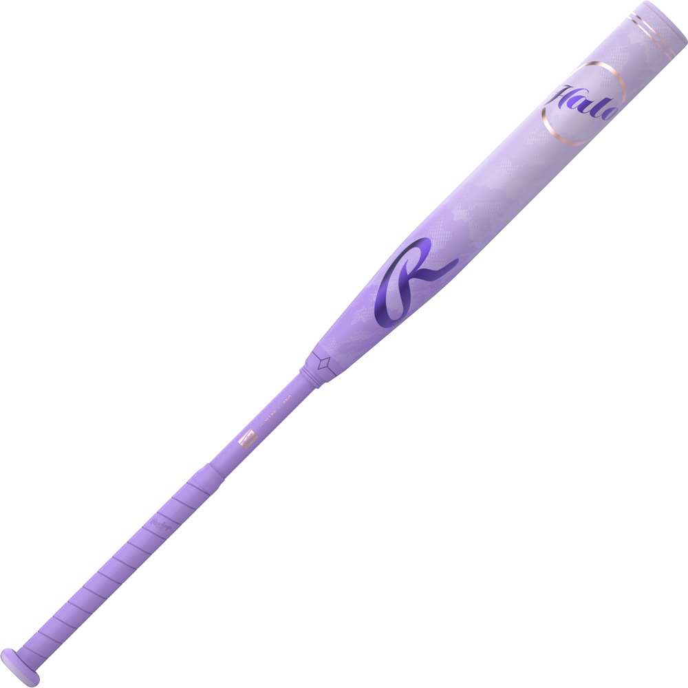 The 2027 Rawlings Halo (-11) Fastpitch Softball Bat (RFP7HALO11) features a purple design with a light lavender grip, darker purple accents, "Halo" on the barrel, two-piece gapped wall barrel, and subtle geometric patterns.