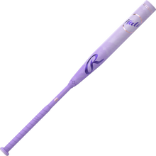 The 2027 Rawlings Halo (-11) Fastpitch Softball Bat (RFP7HALO11) features a purple design with a light lavender grip, darker purple accents, "Halo" on the barrel, two-piece gapped wall barrel, and subtle geometric patterns.