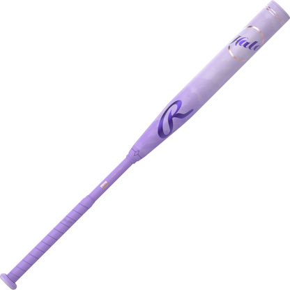 The 2027 Rawlings Halo (-11) Fastpitch Softball Bat (RFP7HALO11) features a purple design with a light lavender grip, darker purple accents, "Halo" on the barrel, two-piece gapped wall barrel, and subtle geometric patterns.