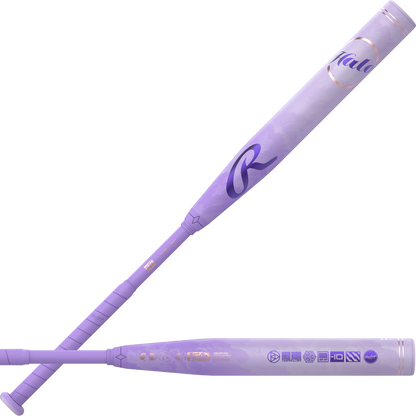 Two lavender Rawlings 2027 Halo (-11) Fastpitch Softball Bats (RFP7HALO11) with metallic and white accents; one stands upright displaying the gapped wall barrel, the other lies horizontally to show both sides of the design.