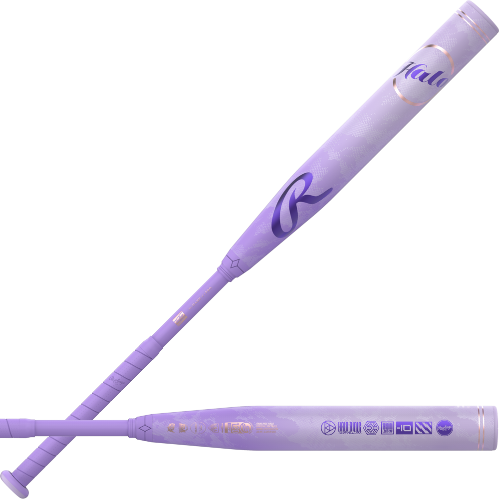 Two Rawlings Halo (-9) Fastpitch Softball Bats (RFP7HALO9) are shown at different angles, highlighting their lavender color, gold and dark purple graphics, and two-piece gapped wall barrel for top fastpitch performance.