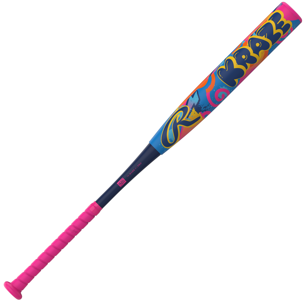 A vibrant Rawlings 2027 Kraze (-13) Fastpitch Softball Bat (RFP7KZ13) featuring a lightweight aluminum barrel, a pink handle, and dynamic blue, yellow, and pink graffiti-style designs with the word “KRAZE” displayed on the barrel.