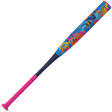 The 2027 Rawlings Kraze (-13) Fastpitch Softball Bat (RFP7KZ13) by Rawlings features a striking pink handle and a lightweight blue aluminum barrel adorned with vibrant, playful graphics and the iconic Rawlings logo. Built with two-piece hybrid technology, this bat offers enhanced performance and durability for fastpitch softball players.