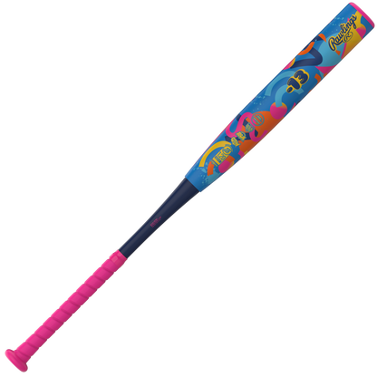 The 2027 Rawlings Kraze (-13) Fastpitch Softball Bat (RFP7KZ13) by Rawlings features a striking pink handle and a lightweight blue aluminum barrel adorned with vibrant, playful graphics and the iconic Rawlings logo. Built with two-piece hybrid technology, this bat offers enhanced performance and durability for fastpitch softball players.