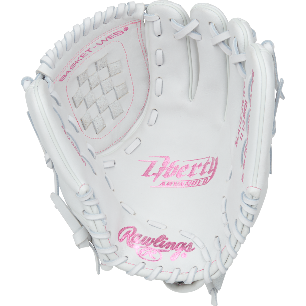 The Rawlings Liberty Advanced 11.5" Fastpitch Softball Glove (RLA115-3WWP) is a white infield glove with light gray laces, pink “Liberty Advanced” and “Rawlings” lettering, a basket-web design, and open palm display.