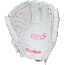 The Rawlings Liberty Advanced 11.5" Fastpitch Softball Glove (RLA115-3WWP) is a white infield glove with light gray laces, pink “Liberty Advanced” and “Rawlings” lettering, a basket-web design, and open palm display.