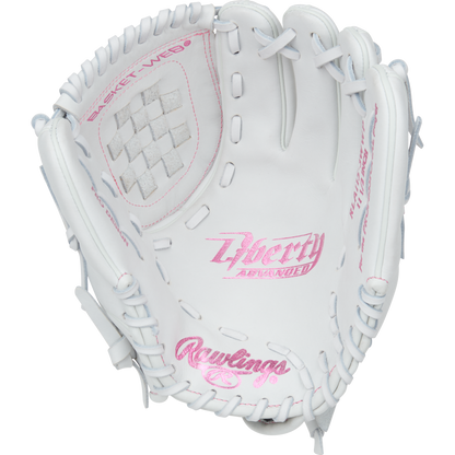 The Rawlings Liberty Advanced 11.5" Fastpitch Softball Glove (RLA115-3WWP) is a white infield glove with light gray laces, pink “Liberty Advanced” and “Rawlings” lettering, a basket-web design, and open palm display.
