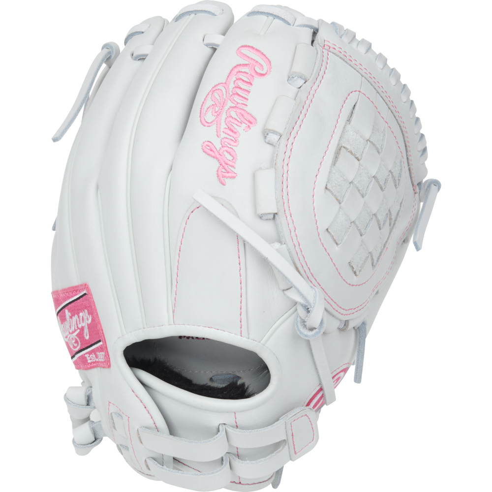 The Rawlings Liberty Advanced 11.5" Fastpitch Softball Glove (RLA115-3WWP) is white with pink accents and stitching, features a woven web, and has the Rawlings logo in pink on the back—ideal for infield positions.