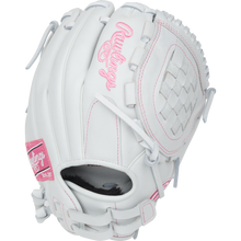 The Rawlings Liberty Advanced 11.5" Fastpitch Softball Glove (RLA115-3WWP) is white with pink accents and stitching, features a woven web, and has the Rawlings logo in pink on the back—ideal for infield positions.