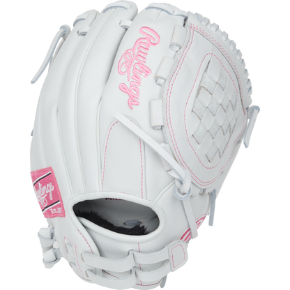 The Rawlings Liberty Advanced 11.5" Fastpitch Softball Glove (RLA115-3WWP) is white with pink accents and stitching, features a woven web, and has the Rawlings logo in pink on the back—ideal for infield positions.
