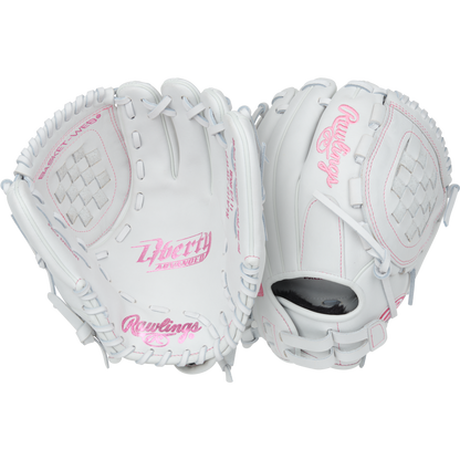 Two Rawlings Liberty Advanced 11.5" Fastpitch Softball Gloves (RLA115-3WWP) in white with pink stitching and logos, featuring woven webbing and open backs, are displayed side by side on a white background.