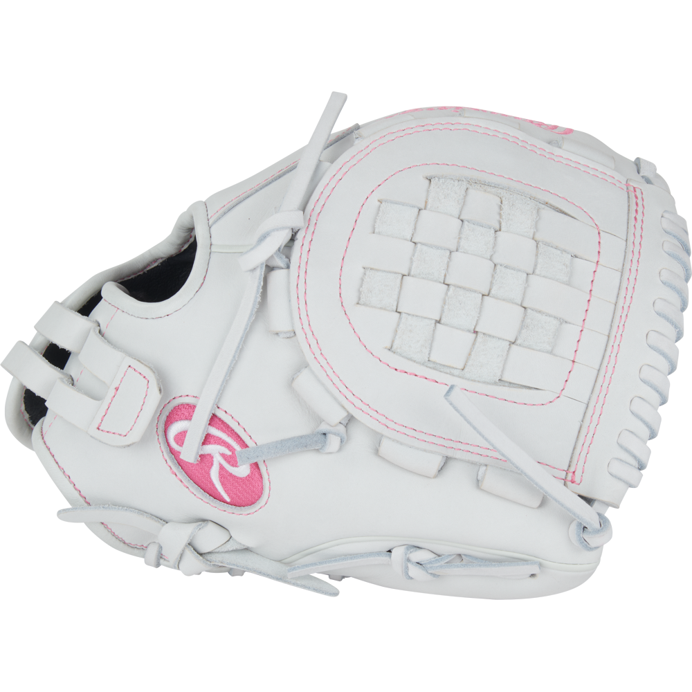 The Rawlings Liberty Advanced 11.5" Fastpitch Softball Glove (RLA115-3WWP) features a white design with pink accents, basket web pattern, and the Rawlings logo—ideal for infielders seeking performance and style.